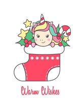 Greeting card with cute Unicorn in red Christmas sock for holiday design isolated on white background. Vector illustration.