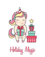 Greeting holiday card with cute Unicorn with gift boxes for Merry Christmas and New Year design isolated on white background. Vector illustration.