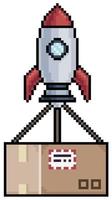 Pixel art rocket with order pack, parcel package, cardboard box, express delivery vector icon for 8bit game on white background