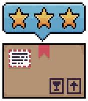 Pixel art order with star rating bar, order evaluation, package, cardboard box vector icon for 8bit game on white background