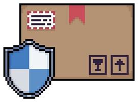 Pixel art order box with shield. Secure order, parcel box vector icon for 8bit game on white background