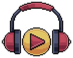 auriculares de arte de píxeles con icono de reproducción, icono de vector de auriculares para juego de 8 bits sobre fondo blanco