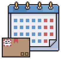 Pixel art calendar with order box, cardboard box vector icon for 8bit game on white background