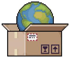 Pixel art planet earth inside cardboard box, world order vector icon for 8bit game on white background