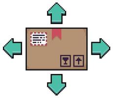 Pixel art parcel pack with arrows icon, parcel distribution, cardboard box vector icon for 8bit game on white background