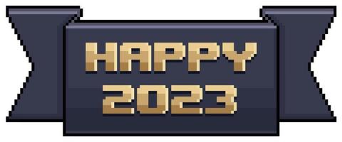 Pixel art black ribbon with happy 2023, happy new year vector icon for 8bit game on white background