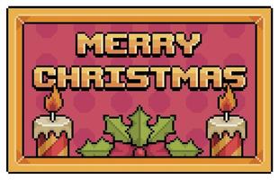 Pixel art merry christmas frame with candles and fir leaves vector icon for 8bit game on white background