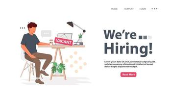 We are hiring announcement web page with vacancy sign on empty office chair. Business recruiting design concept. Vector illustration