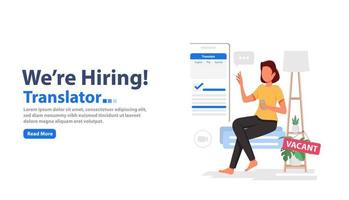 We are hiring. we are hiring language translator announcement. a girl sitting. vacant sign on chair. vector