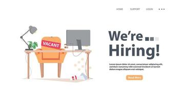 We are hiring announcement web page with vacancy sign on empty office chair. Business recruiting design concept. Vector illustration