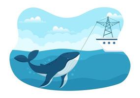 Whale Hunting with Whales Caught by Fisherman in the Middle of the Deep Sea for Sale in Hand Drawn Flat Cartoon Templates Illustration vector