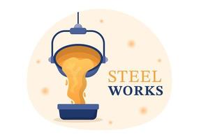 Steelworks with Resource Mining, Smelting of Metal in Big Foundry and Hot Steel Pouring in Flat Cartoon Hand Drawn Templates Illustration vector