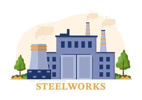 Steelworks with Resource Mining, Smelting of Metal in Big Foundry and Hot Steel Pouring in Flat Cartoon Hand Drawn Templates Illustration vector