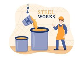 Steelworks with Resource Mining, Smelting of Metal in Big Foundry and Hot Steel Pouring in Flat Cartoon Hand Drawn Templates Illustration vector