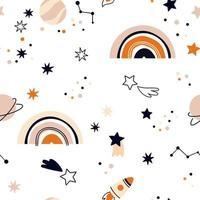 A fabulous seamless pattern with a rainbow in space. Vector children's design