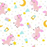 A pattern with rainbow unicorns in a cartoon doodle style. Fairy background with stars and clouds vector