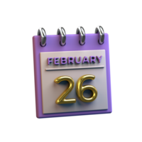 Monthly Calendar 26 February 3D Rendering png