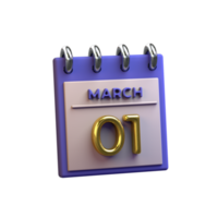 Monthly Calendar 01 March 3D Rendering png