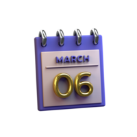 calendário mensal 06 de março renderização em 3d png