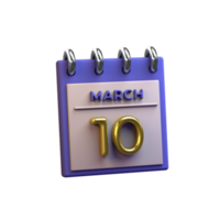 Monthly Calendar 10 March 3D Rendering png