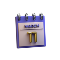 Monthly Calendar 11 March 3D Rendering png
