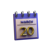 Monthly Calendar 20 March 3D Rendering png