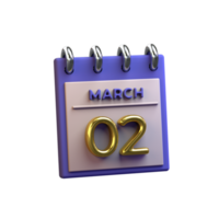 calendario mensual 02 de marzo representación 3d png