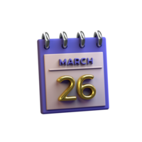 Monthly Calendar 26 March 3D Rendering png