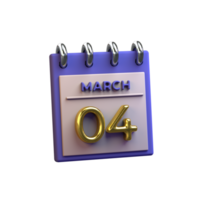 Monthly Calendar 04 March 3D Rendering png