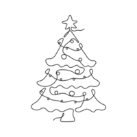 Continuous one line drawing of Christmas tree with star, garland and decorations. Hand drawn Christmas tree isolated on transparent background. Linear style png