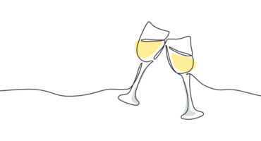 Continuous one line drawing of glasses of champagne with abstract shapes. Concept of cheers, toast, holiday in line art style. Illustration isolated on transparent background png