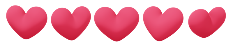 Set of red stylized hearts. Views from different sides. 3D rendering. Symbol of love, likes, romance. PNG icon on transparent background.