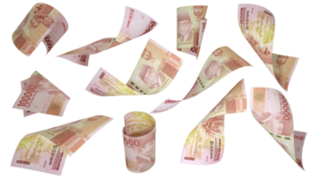 3D rendering of 100000 Indonesian rupiah notes flying in different angles and orientations isolated on transparent background png