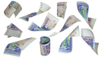 3D rendering of 10000 west African franc notes flying in different angles and orientations isolated on transparent background png