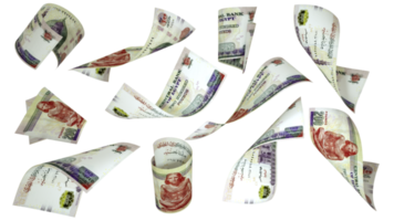 3D rendering of 200 Egyptian pound notes flying in different angles and orientations isolated on transparent background png