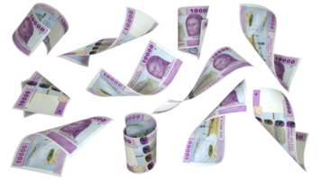 Representación 3d de 10000 billetes de francos cfa de África central que vuelan en diferentes ángulos y orientaciones aislados en un fondo transparente png