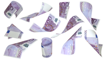 3D rendering of 500 Euro notes flying in different angles and orientations isolated on transparent background png