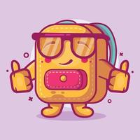 mascota de personaje de bolsa de escuela inteligente con gesto de mano pulgar arriba dibujos animados aislados en diseño de estilo plano vector