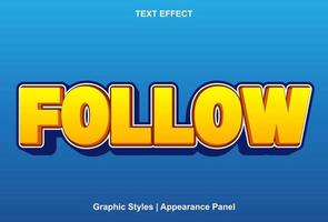 follow text effect with yellow and blue color 3d style editable. vector