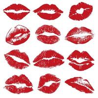 Lipstick kiss print isolated. Red isolated lips in different shapes. Vector stock illustration.