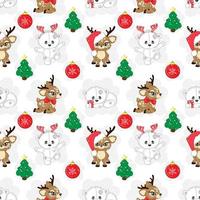 Seamless pattern with white Christmas bear and reindeer, vector illustration