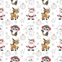 Seamless pattern with white Christmas bear penguin santa claus and reindeer, vector illustration