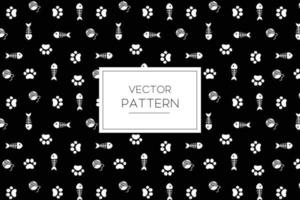 Cat paw white footprint icon symbol, fishbone, and thread ball vector seamless pattern cute design on a black background
