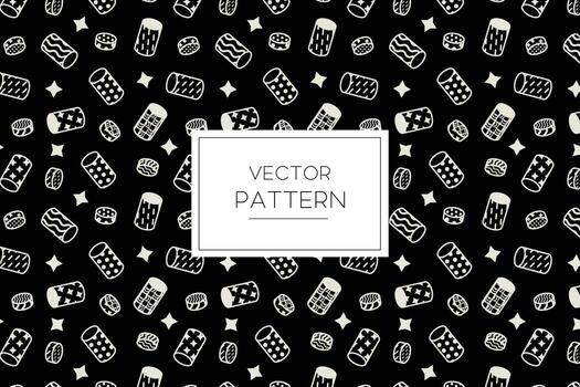 Geometric cylinder circle round white shapes seamless repeat pattern on a black background vector