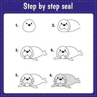 Educational worksheet for kids. Step by step drawing illustration. Seal. Activity page for preschool education. vector