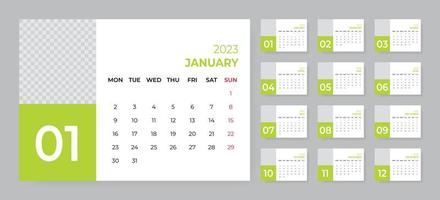 Monthly desk calendar template for 2023 year. Week starts on Monday vector