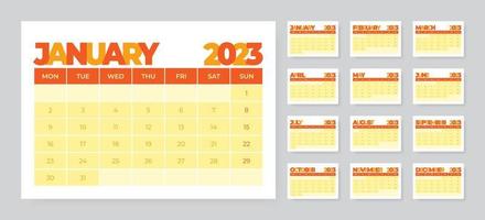 Monthly desk calendar template for 2023 year. Week starts on Monday vector