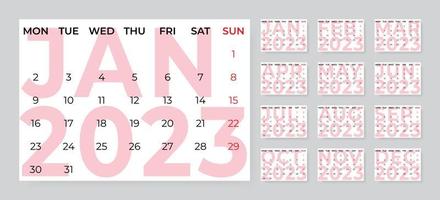 Monthly desk calendar template for 2023 year. Week starts on Monday vector