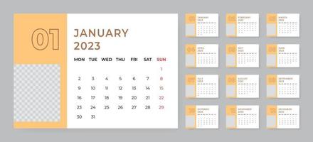 Monthly desk calendar template for 2023 year. Week starts on Monday vector