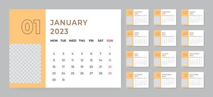 Monthly desk calendar template for 2023 year. Week starts on Monday vector